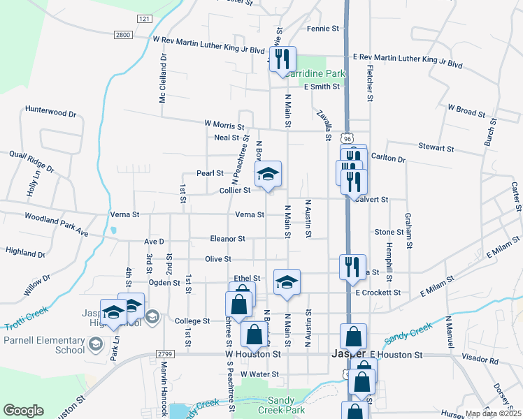 map of restaurants, bars, coffee shops, grocery stores, and more near 200 Verna Street in Jasper