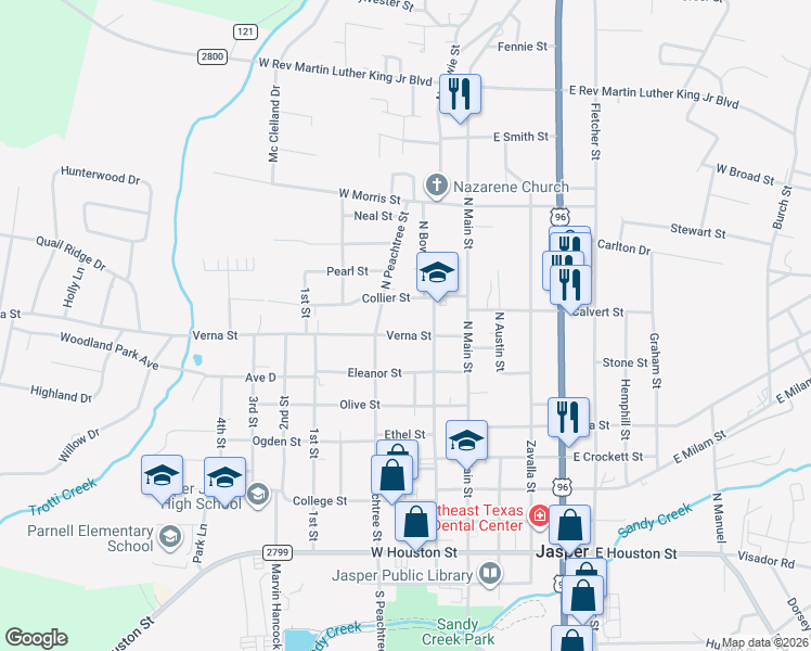 map of restaurants, bars, coffee shops, grocery stores, and more near 208 Verna Street in Jasper