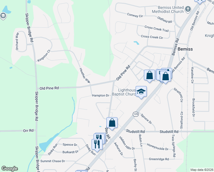 map of restaurants, bars, coffee shops, grocery stores, and more near 3828 Old Pine Road in Valdosta