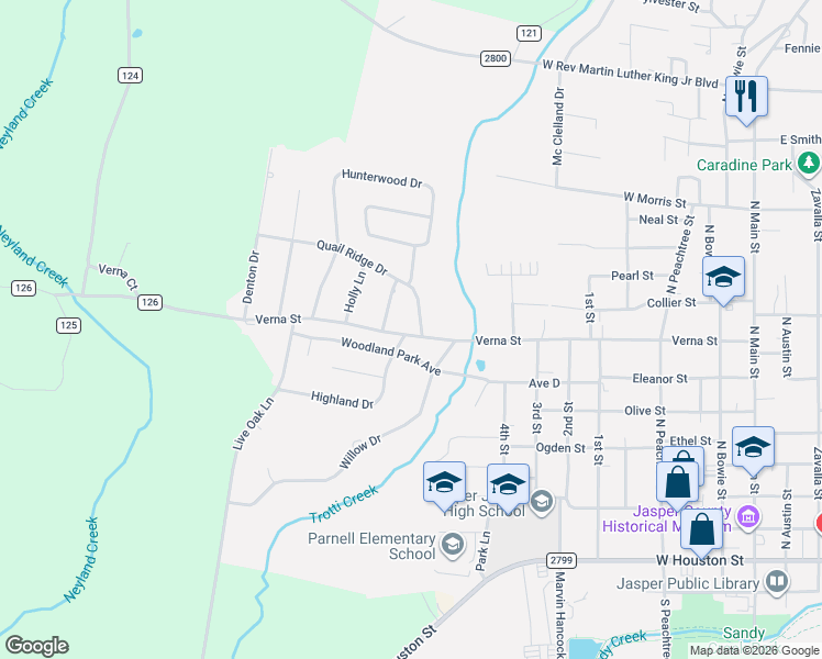 map of restaurants, bars, coffee shops, grocery stores, and more near 1110 Woodland Park Avenue in Jasper