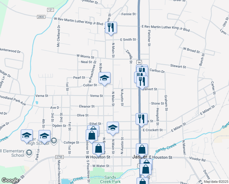 map of restaurants, bars, coffee shops, grocery stores, and more near 854 North Main Street in Jasper