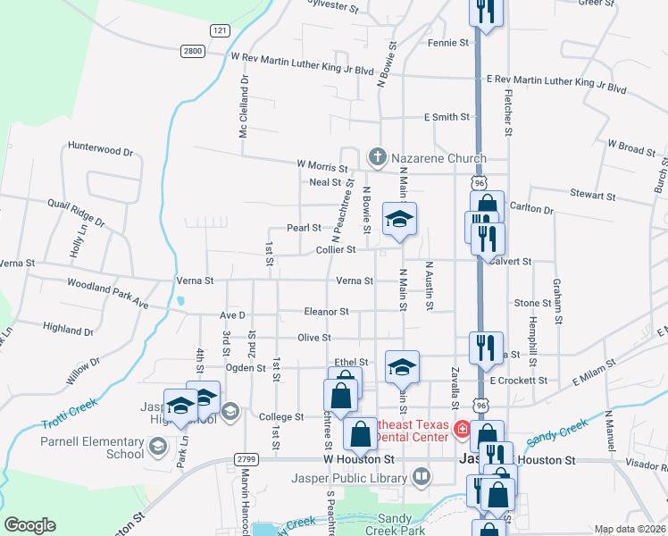 map of restaurants, bars, coffee shops, grocery stores, and more near 208 Verna Street in Jasper