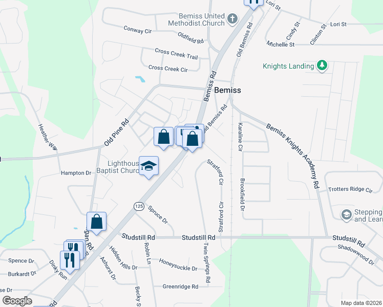 map of restaurants, bars, coffee shops, grocery stores, and more near 4640 Bemiss Road in Valdosta