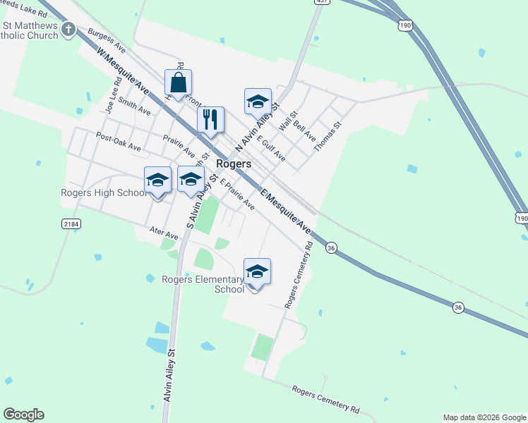 map of restaurants, bars, coffee shops, grocery stores, and more near 207 Moore Street in Rogers