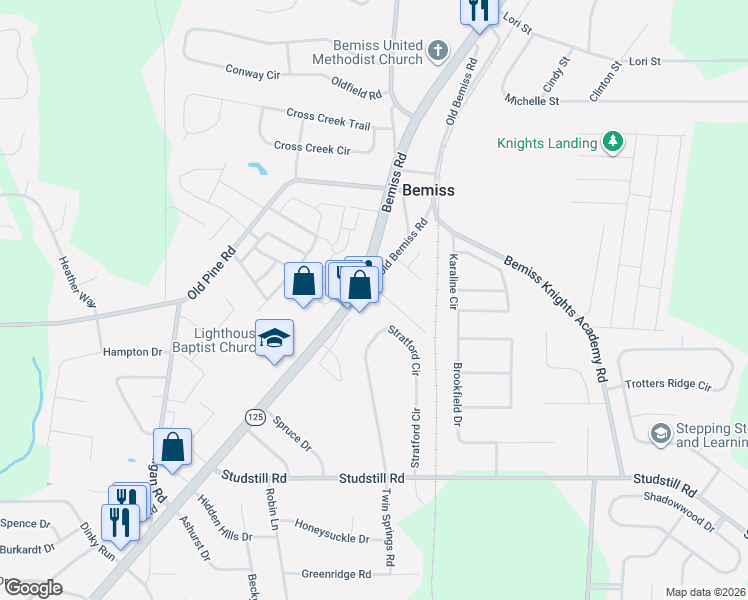 map of restaurants, bars, coffee shops, grocery stores, and more near 4640 Bemiss Road in Valdosta