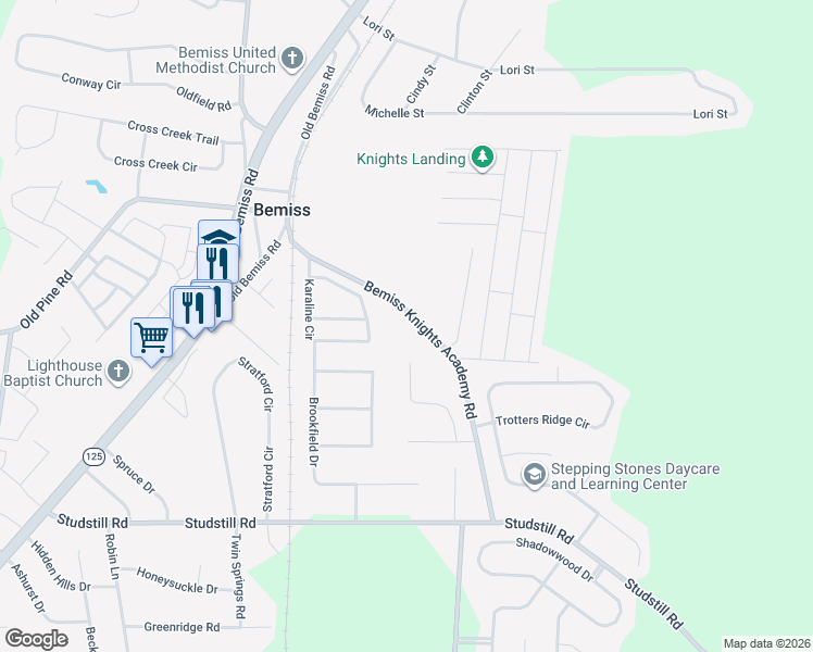 map of restaurants, bars, coffee shops, grocery stores, and more near 3967 Bemiss Knights Academy Road in Valdosta