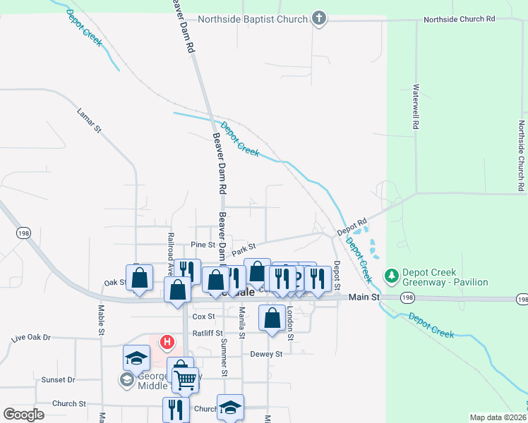 map of restaurants, bars, coffee shops, grocery stores, and more near 101 Industrial Park Road in Lucedale