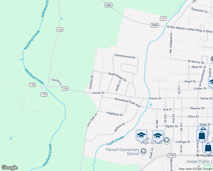 map of restaurants, bars, coffee shops, grocery stores, and more near 835 Hunterwood Drive in Jasper