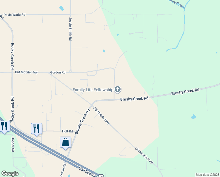 map of restaurants, bars, coffee shops, grocery stores, and more near 263 Gordon Road in Lucedale