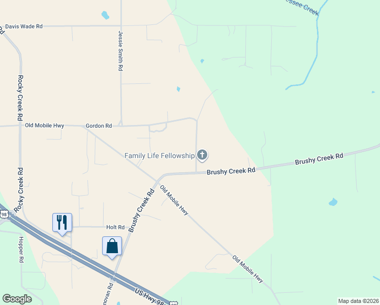 map of restaurants, bars, coffee shops, grocery stores, and more near 263 Gordon Road in Lucedale