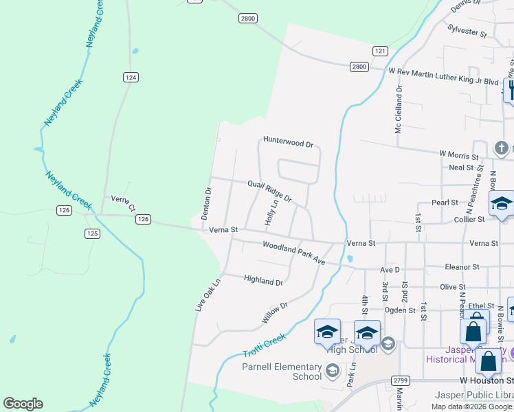 map of restaurants, bars, coffee shops, grocery stores, and more near 840 Hunterwood Drive in Jasper