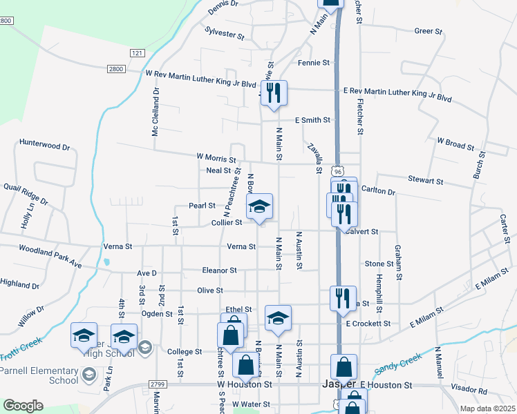 map of restaurants, bars, coffee shops, grocery stores, and more near 1000 North Bowie Street in Jasper