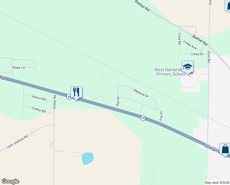 map of restaurants, bars, coffee shops, grocery stores, and more near 151 Gail Drive in Bainbridge