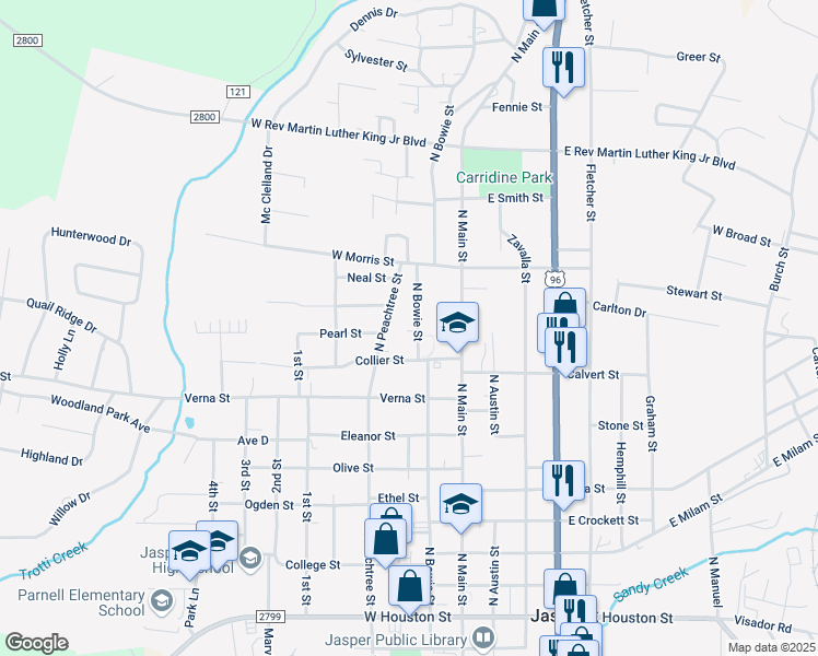 map of restaurants, bars, coffee shops, grocery stores, and more near 1000 North Bowie Street in Jasper