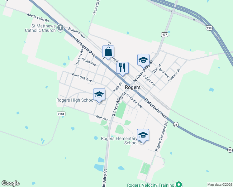 map of restaurants, bars, coffee shops, grocery stores, and more near 14 West Post Oak Avenue in Rogers