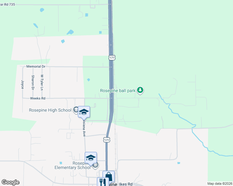 map of restaurants, bars, coffee shops, grocery stores, and more near Left Field Lane in Vernon Parish