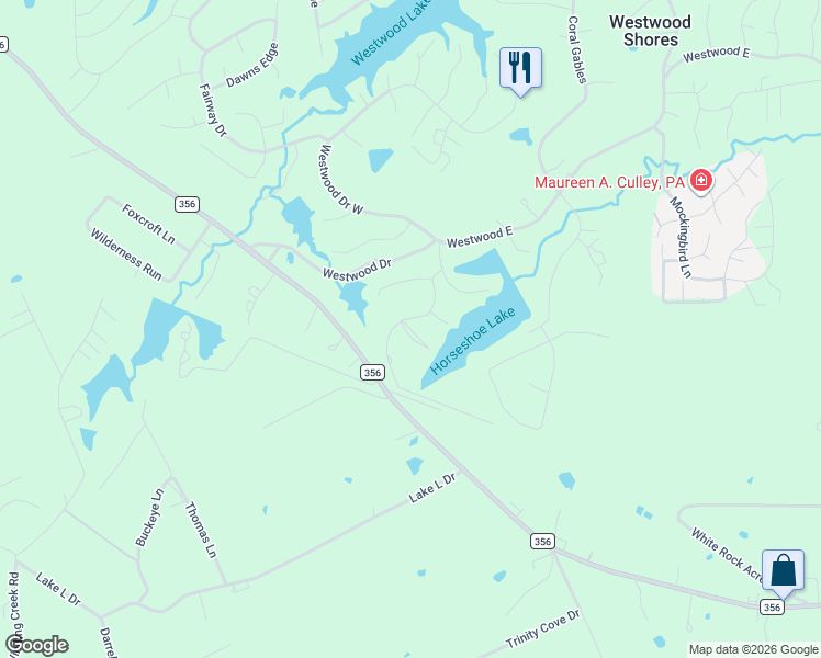 map of restaurants, bars, coffee shops, grocery stores, and more near 28 Meadow Lake Drive in Trinity