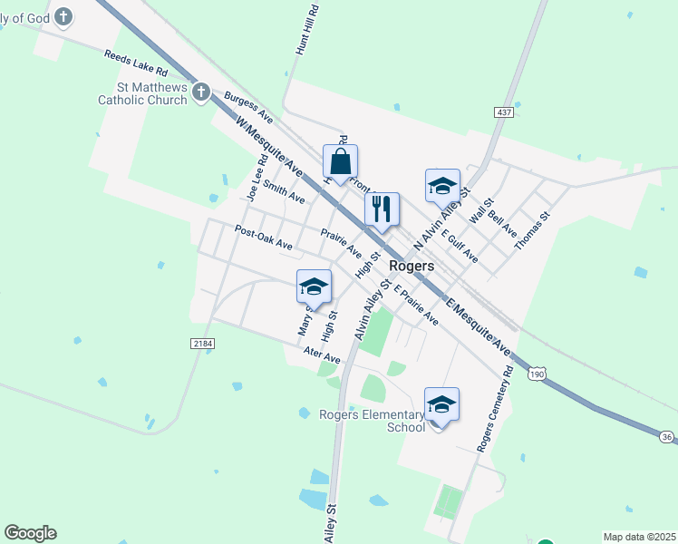 map of restaurants, bars, coffee shops, grocery stores, and more near 111 West Post Oak Avenue in Rogers