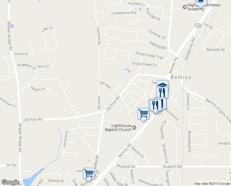 map of restaurants, bars, coffee shops, grocery stores, and more near 3921 Old Pine Road in Valdosta