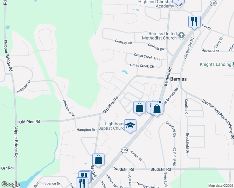 map of restaurants, bars, coffee shops, grocery stores, and more near 3921 Old Pine Road in Valdosta
