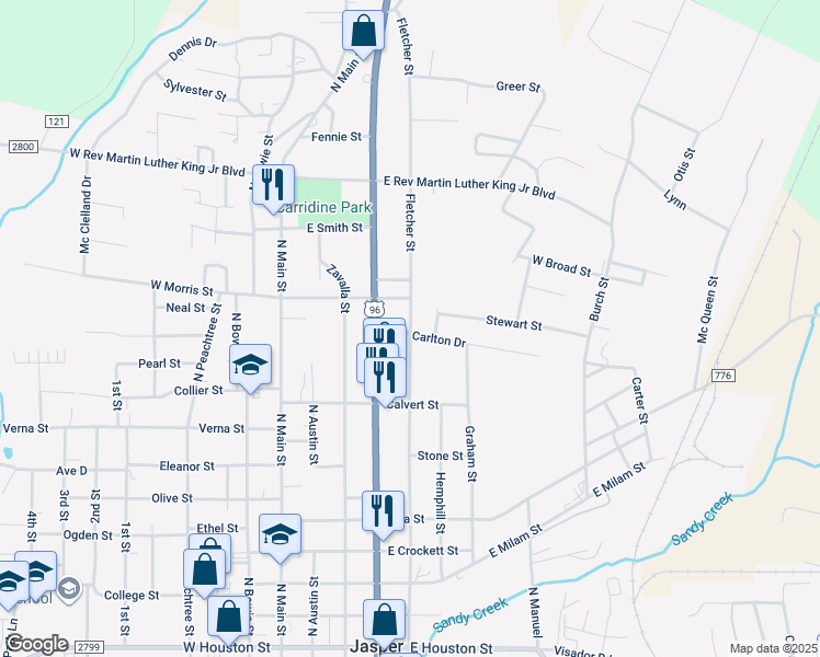 map of restaurants, bars, coffee shops, grocery stores, and more near 1213 Fletcher Street in Jasper