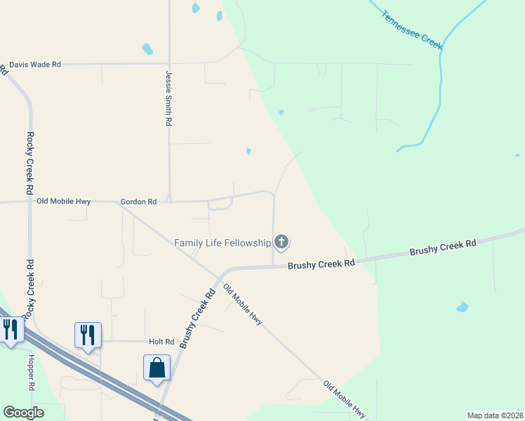 map of restaurants, bars, coffee shops, grocery stores, and more near 223 Gordon Road in Lucedale