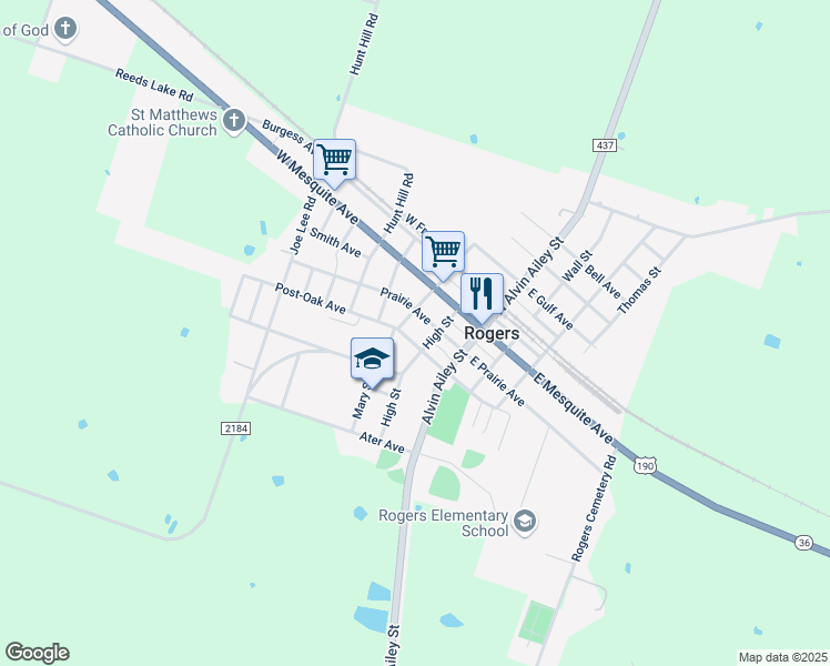 map of restaurants, bars, coffee shops, grocery stores, and more near 111 West Post Oak Avenue in Rogers