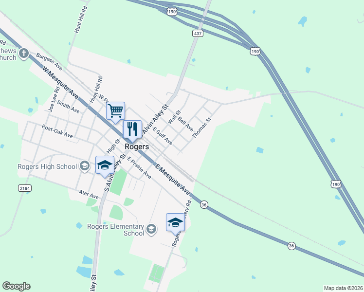 map of restaurants, bars, coffee shops, grocery stores, and more near 210 Thomas Street in Rogers