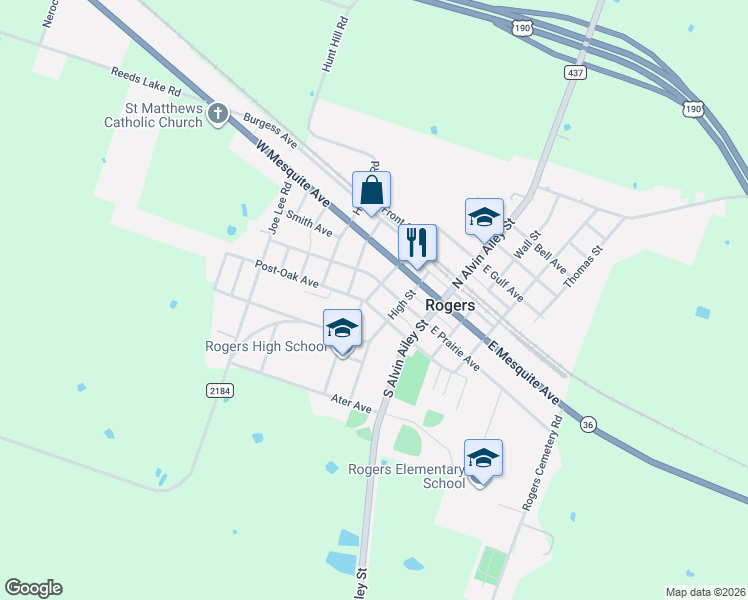 map of restaurants, bars, coffee shops, grocery stores, and more near 111 West Post Oak Avenue in Rogers