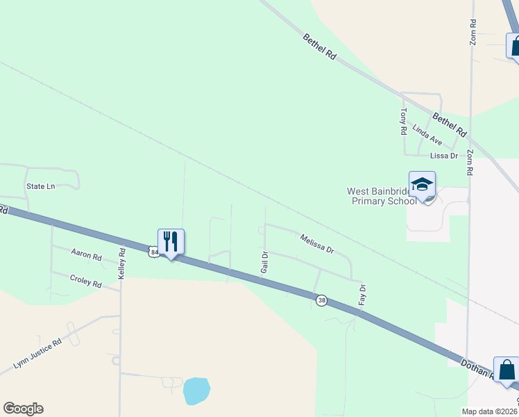 map of restaurants, bars, coffee shops, grocery stores, and more near 151 Gail Drive in Bainbridge