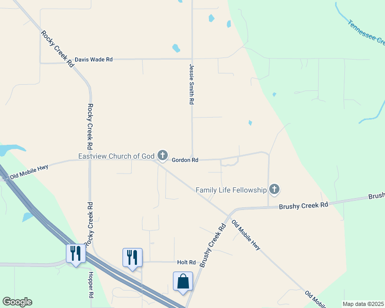 map of restaurants, bars, coffee shops, grocery stores, and more near 100 Jessie Smith Road in Lucedale