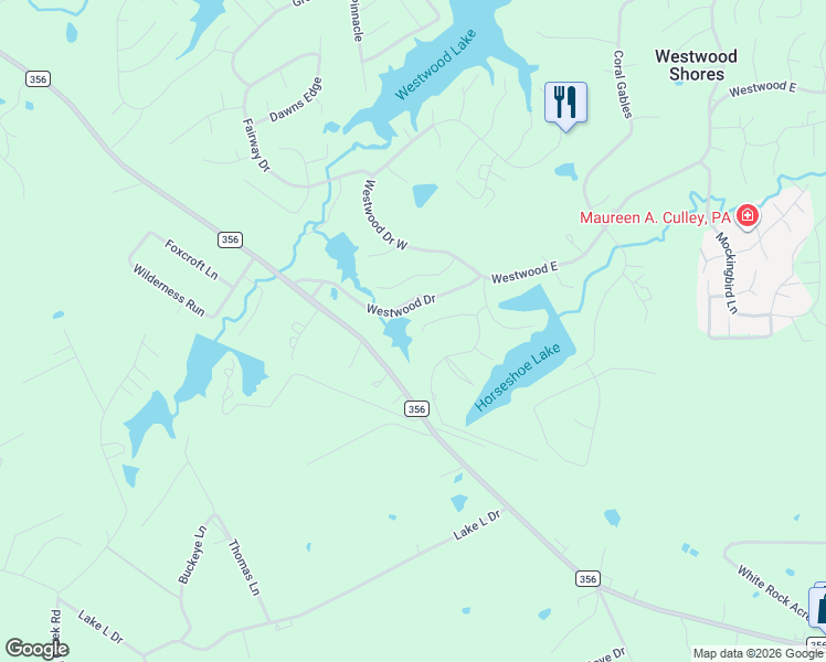 map of restaurants, bars, coffee shops, grocery stores, and more near 16 Meadowview Drive in Trinity