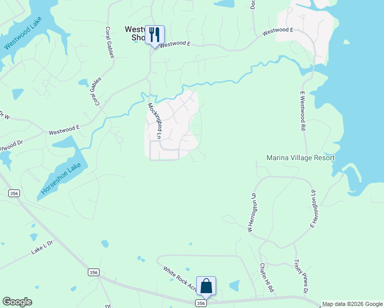 map of restaurants, bars, coffee shops, grocery stores, and more near 105 Mockingbird Lane in Trinity