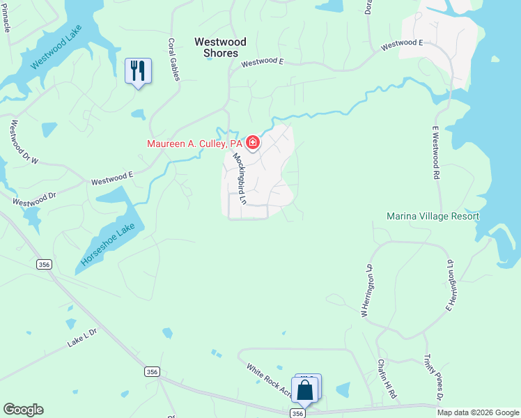 map of restaurants, bars, coffee shops, grocery stores, and more near 84 Mockingbird Lane in Trinity