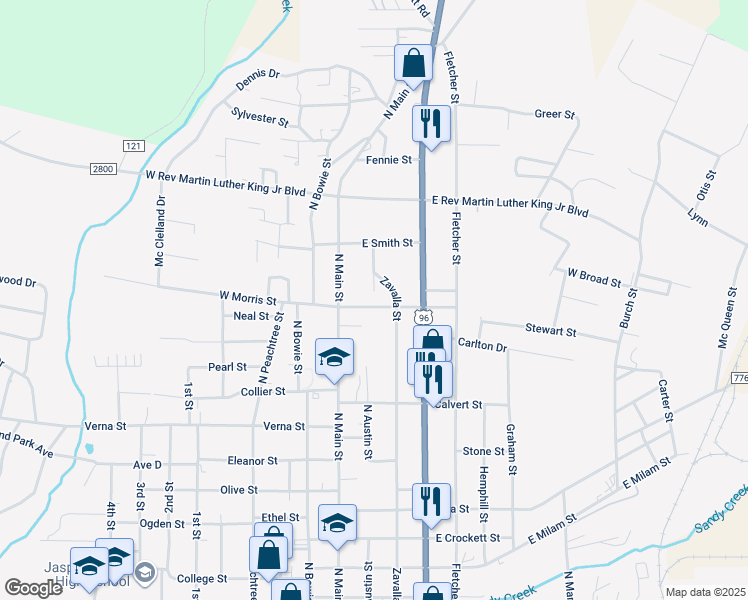 map of restaurants, bars, coffee shops, grocery stores, and more near 220 East Morris Street in Jasper