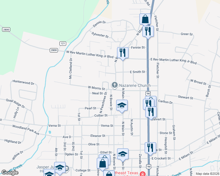 map of restaurants, bars, coffee shops, grocery stores, and more near 1300 Northwood Drive in Jasper