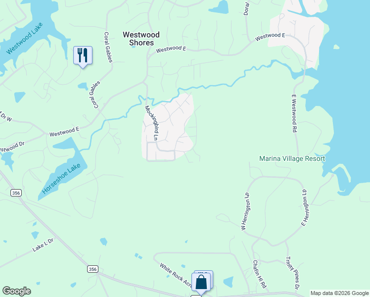 map of restaurants, bars, coffee shops, grocery stores, and more near 105 Mockingbird Lane in Trinity