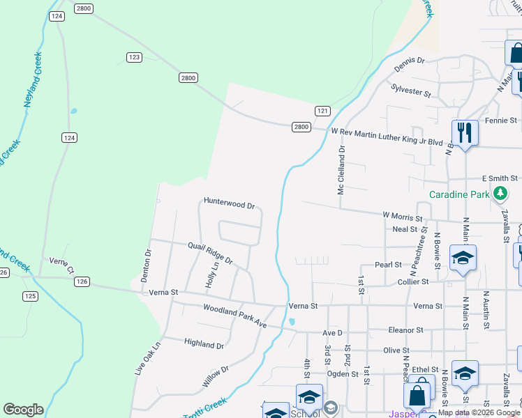 map of restaurants, bars, coffee shops, grocery stores, and more near 961 Hunterwood Drive in Jasper