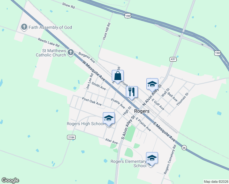 map of restaurants, bars, coffee shops, grocery stores, and more near 410 West Mesquite Avenue in Rogers
