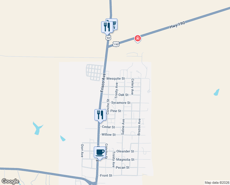 map of restaurants, bars, coffee shops, grocery stores, and more near 299 Oak Street in Menard