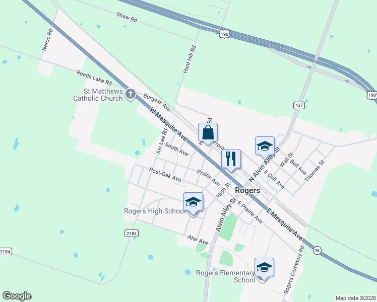map of restaurants, bars, coffee shops, grocery stores, and more near 416 Smith Avenue in Rogers