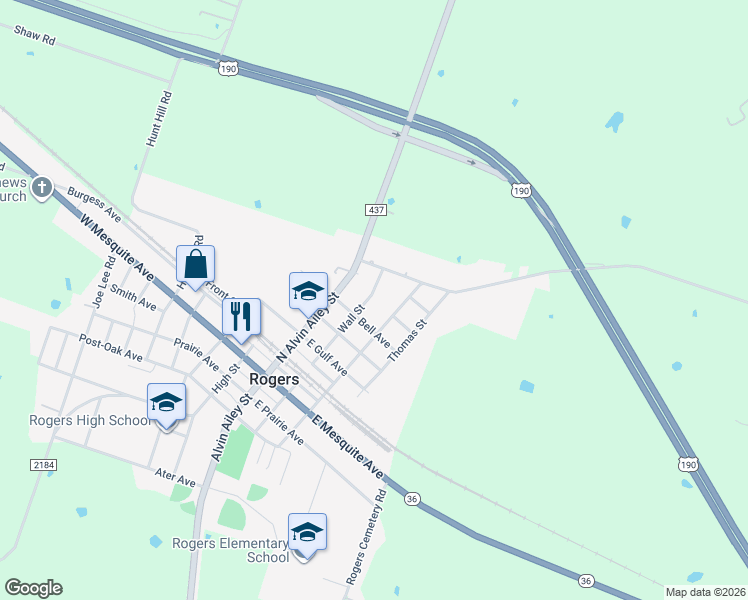 map of restaurants, bars, coffee shops, grocery stores, and more near 415 Wall Street in Rogers