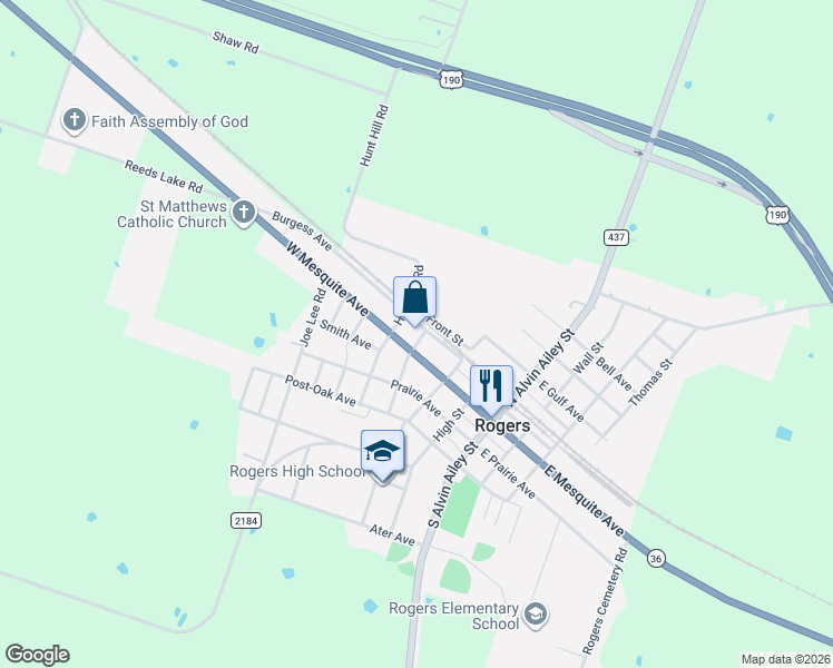 map of restaurants, bars, coffee shops, grocery stores, and more near 410 West Mesquite Avenue in Rogers