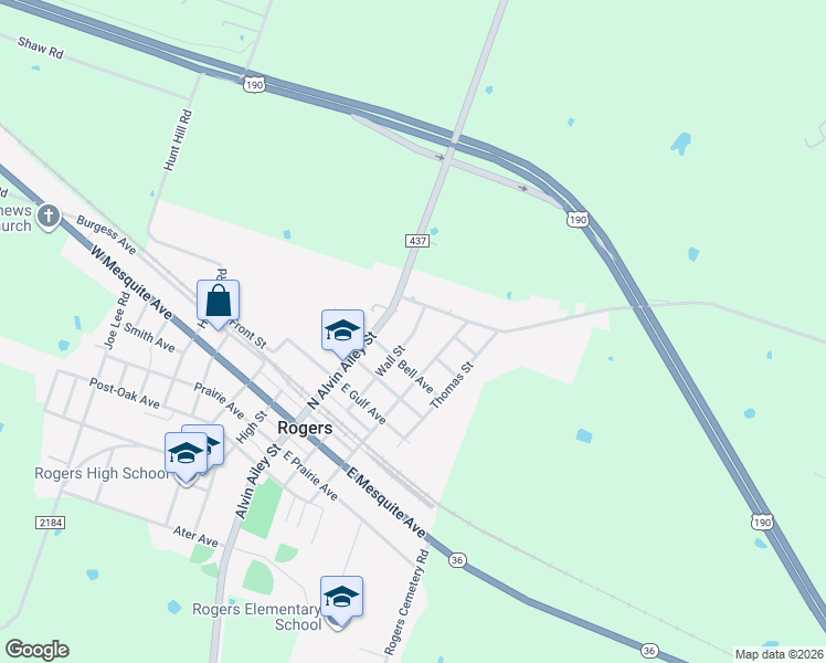 map of restaurants, bars, coffee shops, grocery stores, and more near 415 Wall Street in Rogers