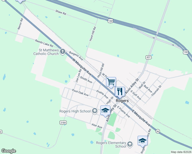 map of restaurants, bars, coffee shops, grocery stores, and more near 416 Smith Avenue in Rogers