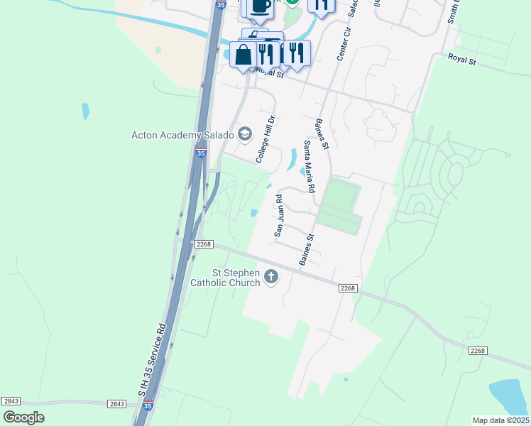 map of restaurants, bars, coffee shops, grocery stores, and more near 400 San Juan Circle in Salado
