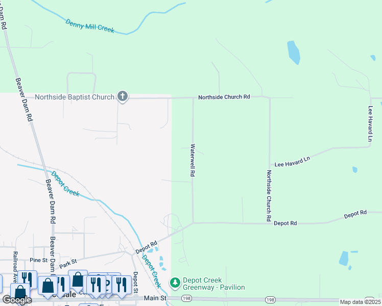 map of restaurants, bars, coffee shops, grocery stores, and more near 169-199 Waterwell Road in Lucedale