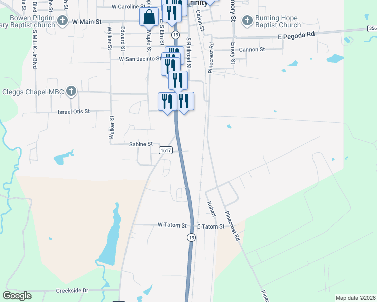 map of restaurants, bars, coffee shops, grocery stores, and more near 733 South Robb Street in Trinity