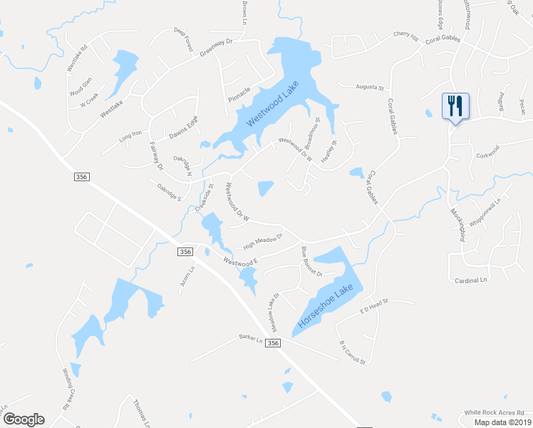 map of restaurants, bars, coffee shops, grocery stores, and more near 14 Westwood Drive West in Trinity