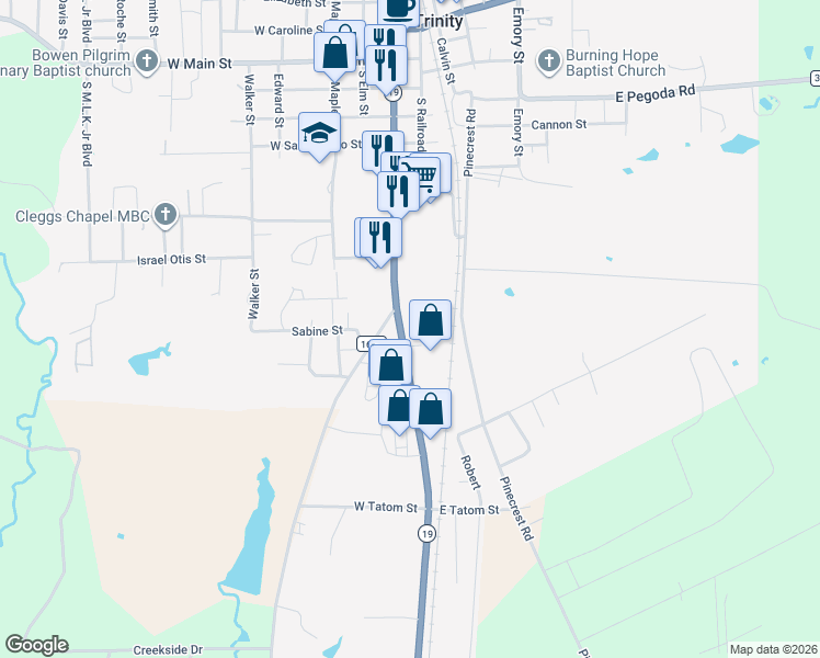 map of restaurants, bars, coffee shops, grocery stores, and more near 733 South Robb Street in Trinity